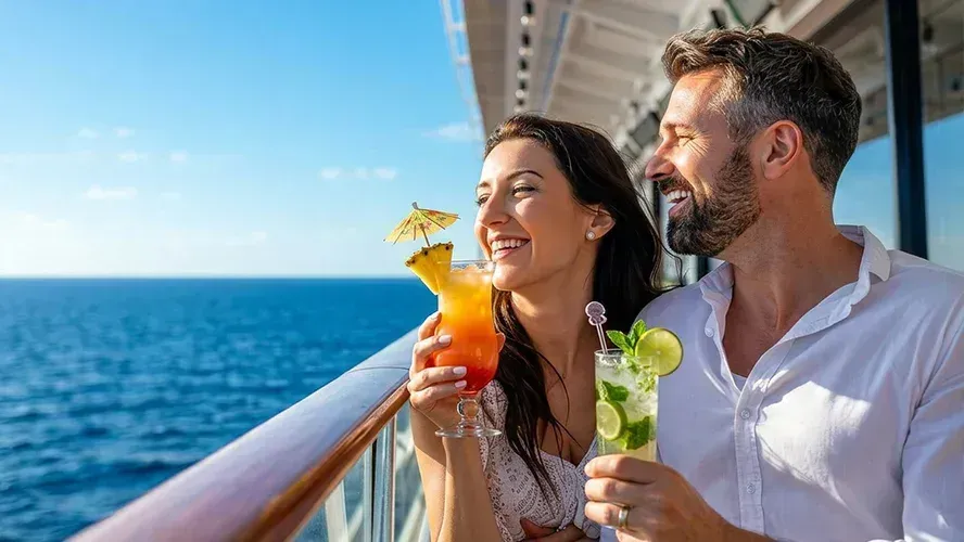 Pareja disfrutando de bebidas a bordo de un crucero