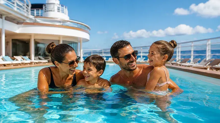 Familia con niños disfrutando de la piscina de un crucero