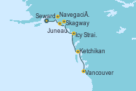Visitando Seward (Alaska), Navegación por Glaciar Hubbard (Alaska), Juneau (Alaska), Skagway (Alaska), Icy Strait Point (Alaska), Ketchikan (Alaska), Vancouver (Canadá)