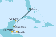 Visitando Miami (Florida/EEUU), Roatán (Honduras), Harvest Caye (Belize), Costa Maya (México), Cozumel (México), Miami (Florida/EEUU)