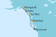 Visitando Vancouver (Canadá), Icy Strait Point (Alaska), Navegación por Glaciar Hubbard (Alaska), Juneau (Alaska), Ketchikan (Alaska), Vancouver (Canadá)
