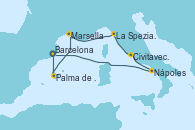 Visitando Barcelona,Palma de Mallorca (España),Marsella (Francia),La Spezia, Florencia y Pisa (Italia),Civitavecchia (Roma),Nápoles (Italia),Navegación,Barcelona