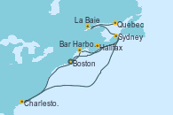 Visitando Boston (Massachusetts), Bar Harbor (Maine), Halifax (Canadá), Sydney (Nueva Escocia/Canadá), Charleston (Carolina del Sur), La Baie (Canada), Quebec (Canadá)