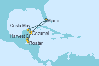 Visitando Miami (Florida/EEUU), Cozumel (México), Roatán (Honduras), Harvest Caye (Belize), Costa Maya (México), Miami (Florida/EEUU)