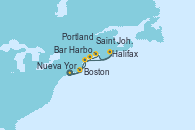 Visitando Nueva York (Estados Unidos), Boston (Massachusetts), Portland (Maine/Estados Unidos), Bar Harbor (Maine), Saint John (New Brunswick/Canadá), Halifax (Canadá), Nueva York (Estados Unidos)