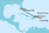 Visitando Puerto Cañaveral (Florida), Puerto Plata, Republica Dominicana, Charlotte Amalie (St. Thomas), Road Town (Isla Tórtola/Islas Vírgenes), Great Stirrup Cay (Bahamas), Puerto Cañaveral (Florida)