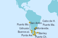 Visitando Buenos aires, Montevideo (Uruguay), Puerto Madryn (Argentina), Stanley (Malvinas), Cabo de Hornos (Chile), Ushuaia (Argentina), Punta Arenas (Chile), Puerto Chacabuco (Chile), Puerto Montt (Chile), San Antonio (Chile)
