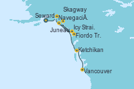 Visitando Seward (Alaska), Navegación por Glaciar Hubbard (Alaska), Icy Strait Point (Alaska), Fiordo Tracy Arm (Alaska), Juneau (Alaska), Skagway (Alaska), Ketchikan (Alaska), Vancouver (Canadá)