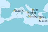Visitando Atenas (Grecia), Santorini (Grecia), Kotor (Montenegro), Messina (Sicilia), Nápoles (Italia), Barcelona