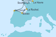 Visitando Southampton (Inglaterra), La Rochelle (Francia), Bilbao (España), La Coruña (Galicia/España), Le Havre (Francia), Southampton (Inglaterra)