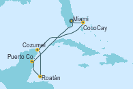 Visitando Miami (Florida/EEUU), CocoCay (Bahamas), Cozumel (México), Roatán (Honduras), Puerto Costa Maya (México), Miami (Florida/EEUU)