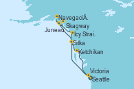 Visitando Seattle (Washington/EEUU), Sitka (Alaska), Icy Strait Point (Alaska), Navegación por Glaciar Hubbard (Alaska), Skagway (Alaska), Juneau (Alaska), Ketchikan (Alaska), Victoria (Canadá), Seattle (Washington/EEUU)