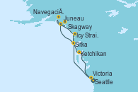Visitando Seattle (Washington/EEUU), Sitka (Alaska), Juneau (Alaska), Skagway (Alaska), Navegación por Glaciar Hubbard (Alaska), Icy Strait Point (Alaska), Ketchikan (Alaska), Victoria (Canadá), Seattle (Washington/EEUU)