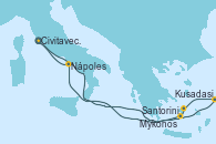 Visitando Civitavecchia (Roma),Navegación,Santorini (Grecia),Kusadasi (Efeso/Turquía),Mykonos (Grecia),Navegación,Nápoles (Italia),Civitavecchia (Roma)