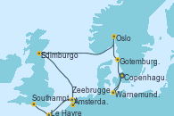 Visitando Copenhague (Dinamarca), Warnemunde (Alemania), Gotemburgo (Suecia), Oslo (Noruega), Edimburgo (Escocia), Ámsterdam (Holanda), Zeebrugge (Bruselas), Le Havre (Francia), Southampton (Inglaterra)