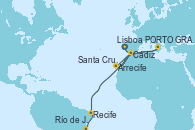 Visitando Lisboa (Portugal), Cádiz (España), Arrecife (Lanzarote/España), Santa Cruz de Tenerife (España), PORTO GRANDE, CAPE VERDE, Recife (Brasil), Río de Janeiro (Brasil)