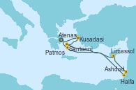Visitando Atenas (Grecia),Kusadasi (Efeso/Turquía),Patmos (Grecia),Navegación,Ashdod (Israel),Haifa (Israel),Limassol (Chipre),Santorini (Grecia),Atenas (Grecia)