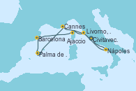 Visitando Civitavecchia (Roma), Nápoles (Italia), Livorno, Pisa y Florencia (Italia), Cannes (Francia), Palma de Mallorca (España), Barcelona, Ajaccio (Córcega), Civitavecchia (Roma)