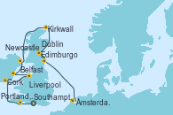 Visitando Southampton (Inglaterra), Portland, Dorset (Reino Unido), Cork (Irlanda), Liverpool (Reino Unido), Dublin (Irlanda), Belfast (Irlanda), Kirkwall (Escocia), Edimburgo (Escocia), Newcastle (Reino Unido), Ámsterdam (Holanda)
