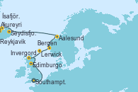 Visitando Southampton (Inglaterra), Edimburgo (Escocia), Invergordon (Escocia), Lerwick (Escocia), Bergen (Noruega), Aalesund (Noruega), Seydisfjordur (Islandia), Akureyri (Islandia), Ísafjörður (Islandia), Reykjavik (Islandia)