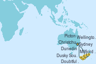Visitando Sydney (Australia), Milfjord Sound (Nueva Zelanda), Doubtful Sound (Nueva Zelanda), Dusky Sound (Nueva Zelanda), Dunedin (Nueva Zelanda), Christchurch (Nueva Zelanda), Wellington (Nueva Zelanda), Picton (Australia), Sydney (Australia)