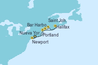 Visitando Nueva York (Estados Unidos), Newport (Rhode Island), Portland (Maine/Estados Unidos), Bar Harbor (Maine), Saint John (New Brunswick/Canadá), Halifax (Canadá), Nueva York (Estados Unidos)