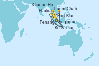 Visitando Singapur, Port Klang (Malasia), Penang (Malasia), Phuket (Tailandia), Ciudad Ho Chi Minh (Vietnam), Ciudad Ho Chi Minh (Vietnam), Ko Samui (Tailandia), Laem Chabang (Bangkok/Thailandia)