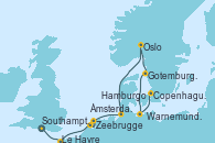 Visitando Southampton (Inglaterra), Le Havre (Francia), Zeebrugge (Bruselas), Ámsterdam (Holanda), Hamburgo (Alemania), Oslo (Noruega), Gotemburgo (Suecia), Warnemunde (Alemania), Kiel (Alemania), Copenhague (Dinamarca)