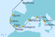Visitando Southampton (Inglaterra), Oporto (Portugal), Lisboa (Portugal), Cádiz (España), Málaga, Cartagena (Murcia), Barcelona, Cannes (Francia), Livorno, Pisa y Florencia (Italia), Civitavecchia (Roma)