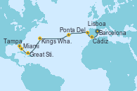 Visitando Barcelona, Cádiz (España), Lisboa (Portugal), Ponta Delgada (Azores), Kings Wharf (Bermudas), Great Stirrup Cay (Bahamas), Miami (Florida/EEUU), Tampa (Florida)