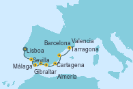 Visitando Lisboa (Portugal), Sevilla (España), Sevilla (España), Sevilla (España), Gibraltar (Inglaterra), Málaga, Almería (España), Cartagena (Murcia), Valencia, Tarragona (España), Barcelona, Barcelona