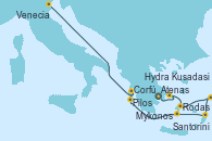 Visitando Atenas (Grecia), Hydra (Grecia), Mykonos (Grecia), Kusadasi (Efeso/Turquía), Rodas (Grecia), Santorini (Grecia), Pilos (Grecia), Corfú (Grecia), Venecia (Italia)