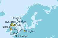 Visitando Southampton (Inglaterra), Leith (Edinburgo/Escocia), Leith (Edinburgo/Escocia), Leith (Edinburgo/Escocia), Dundee (Escocia), Dundee (Escocia), Invergordon (Escocia), Belfast (Irlanda), Glasgow (Escocia), Douglas (Reino Unido), Dublin (Irlanda), Dublin (Irlanda)