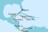 Visitando Miami (Florida/EEUU), Gran Caimán (Islas Caimán), Ocho Ríos (Jamaica), Canal Panamá, Colón (Panamá), Puerto Limón (Costa Rica), Harvest Caye (Belize), Cozumel (México), Miami (Florida/EEUU)