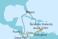 Visitando Miami (Florida/EEUU), Aruba (Antillas), Colón, Kralendijk (Antillas), Santa Marta (Colombia), Cartagena de Indias (Colombia), Canal Panamá, Colón (Panamá), Puerto Limón (Costa Rica), Miami (Florida/EEUU)
