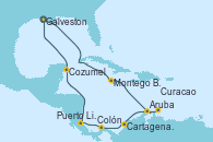 Visitando Galveston (Texas), Montego Bay (Jamaica), Aruba (Antillas), Curacao (Antillas), Cartagena de Indias (Colombia), Colón (Panamá), Puerto Limón (Costa Rica), Cozumel (México), Galveston (Texas)