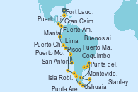Visitando Fort Lauderdale (Florida/EEUU), Gran Caimán (Islas Caimán), Puerto Limón (Costa Rica), Fuerte Amador (Panamá), Fuerte Amador (Panamá), Manta (Ecuador), Lima (Callao/Perú), Lima (Callao/Perú), Lima (Callao/Perú), Pisco (Perú), Coquimbo (Chile), San Antonio (Chile), Isla Robinson Crusoe (Chile), Puerto Montt (Chile), Puerto Chacabuco (Chile), Punta Arenas (Chile), Ushuaia (Argentina), Stanley (Malvinas), Puerto Madryn (Argentina), Punta del Este (Uruguay), Montevideo (Uruguay), Buenos aires