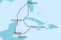 Visitando Tampa (Florida), Cozumel (México), Belize (Caribe), Roatán (Honduras), Gran Caimán (Islas Caimán), Tampa (Florida)