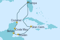 Visitando Tampa (Florida), Cozumel (México), Costa Maya (México), Belize (Caribe), Roatán (Honduras), Gran Caimán (Islas Caimán), Tampa (Florida)