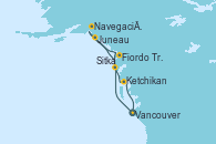 Visitando Vancouver (Canadá), Sitka (Alaska), Fiordo Tracy Arm (Alaska), Juneau (Alaska), Navegación por Glaciar Hubbard (Alaska), Ketchikan (Alaska), Vancouver (Canadá)