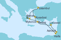 Visitando Atenas (Grecia), Ashdod (Israel), Haifa (Israel), Limassol (Chipre), Rodas (Grecia), Kusadasi (Efeso/Turquía), Estambul (Turquía), Mykonos (Grecia), Atenas (Grecia)