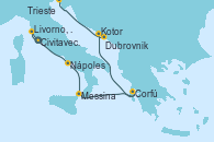 Visitando Civitavecchia (Roma), Livorno, Pisa y Florencia (Italia), Nápoles (Italia), Messina (Sicilia), Corfú (Grecia), Kotor (Montenegro), Dubrovnik (Croacia), Trieste (Italia)