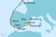 Visitando Southampton (Inglaterra), Cádiz (España), Málaga, Valencia, Palma de Mallorca (España), Barcelona, Ibiza (España), Lisboa (Portugal), Lisboa (Portugal), Southampton (Inglaterra)