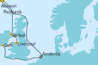 Visitando Ámsterdam (Holanda), Akureyri (Islandia), Akureyri (Islandia), Reykjavik (Islandia), Reykjavik (Islandia), Belfast (Irlanda), Liverpool (Reino Unido), Cork (Irlanda), Ámsterdam (Holanda)