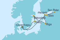 Visitando Copenhague (Dinamarca), Helsinki (Finlandia), Tallin (Estonia), San Petersburgo (Rusia), San Petersburgo (Rusia), Riga (Letonia), Estocolmo (Suecia), Visby (Suecia), Copenhague (Dinamarca)