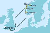 Visitando Southampton (Inglaterra), Stavanger (Noruega), Flam (Noruega), Olden (Noruega), Bergen (Noruega), Southampton (Inglaterra)