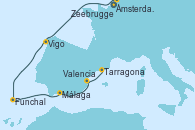 Visitando Ámsterdam (Holanda), Zeebrugge (Bruselas), Vigo (España), Funchal (Madeira), Málaga, Valencia, Tarragona (España)