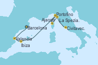Visitando Barcelona, Valencia, Ibiza (España), Portofino (Italia), Ajaccio (Córcega), La Spezia, Florencia y Pisa (Italia), Civitavecchia (Roma)