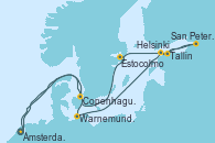 Visitando Ámsterdam (Holanda), Warnemunde (Alemania), Helsinki (Finlandia), San Petersburgo (Rusia), San Petersburgo (Rusia), Tallin (Estonia), Estocolmo (Suecia), Copenhague (Dinamarca), Ámsterdam (Holanda)