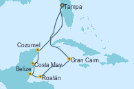 Visitando Tampa (Florida), Gran Caimán (Islas Caimán), Roatán (Honduras), Belize (Caribe), Costa Maya (México), Cozumel (México), Tampa (Florida)